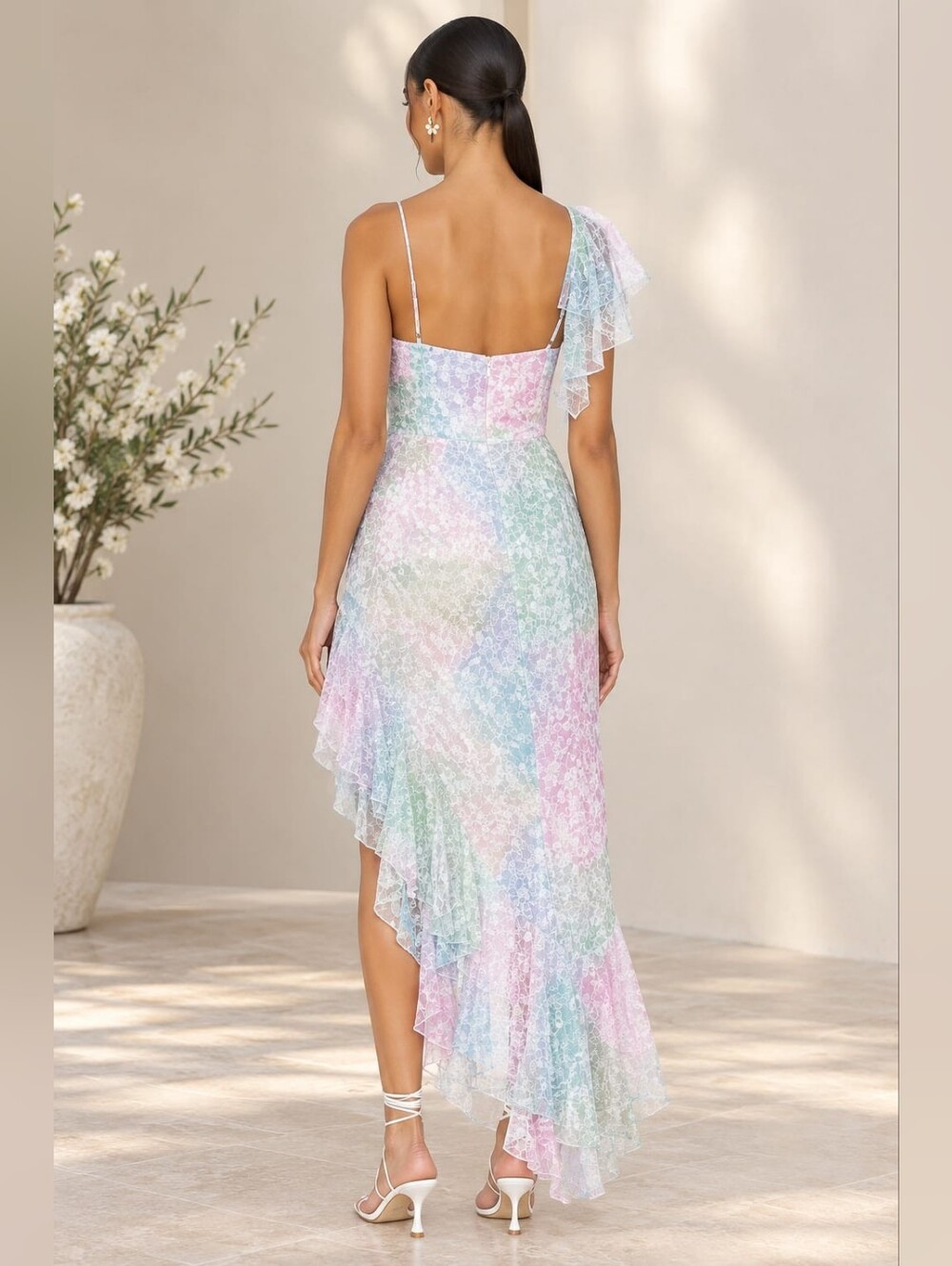 Amanda Uprichard‎ Lively Pastel Sequin Asymmetrical Ruffle  Midi Dress Size M - Picture 3 of 13